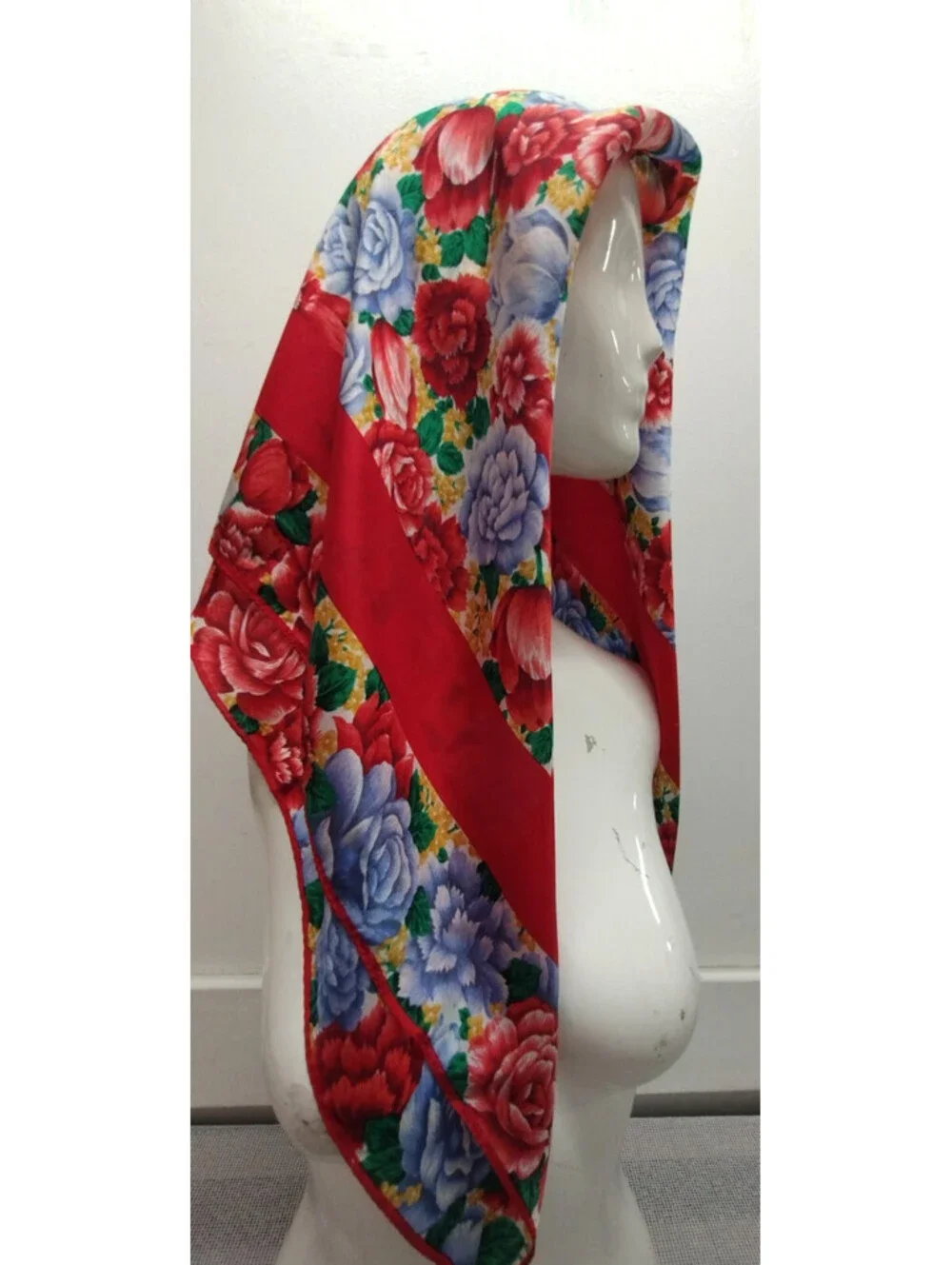 Vintage 100% Pure Silk Scarf Roses Periwinkle Red Tulips Florals Chinese Silk